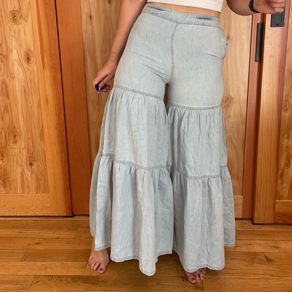 free people wide legged tiered chambray pants - Picture 5 of 5